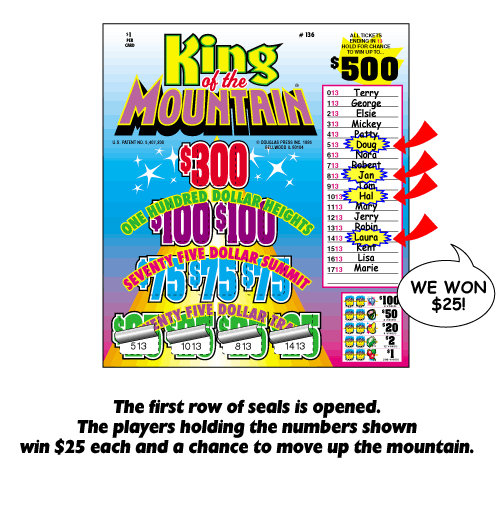 The first row of seals is opened.  The players holding the numbers shown  each win $25 each and a chance to move up the mountain.