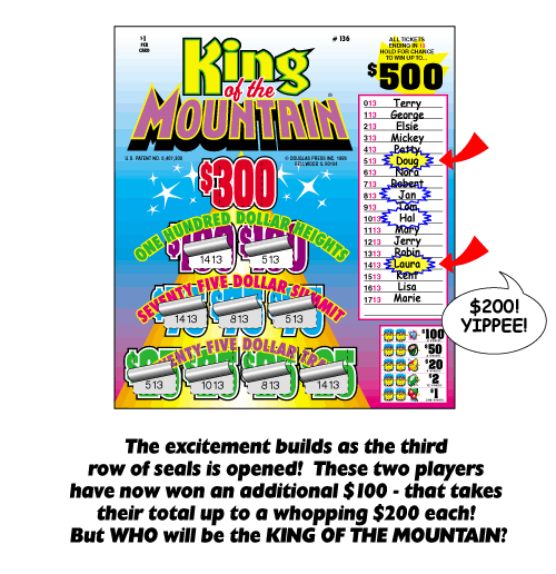 The excitement builds as the third row of seals is opened! These two players have now won and additional $100 - that takes their total up to a whopping $200 each! But WHO will be the KING OF THE MOUNTAIN?